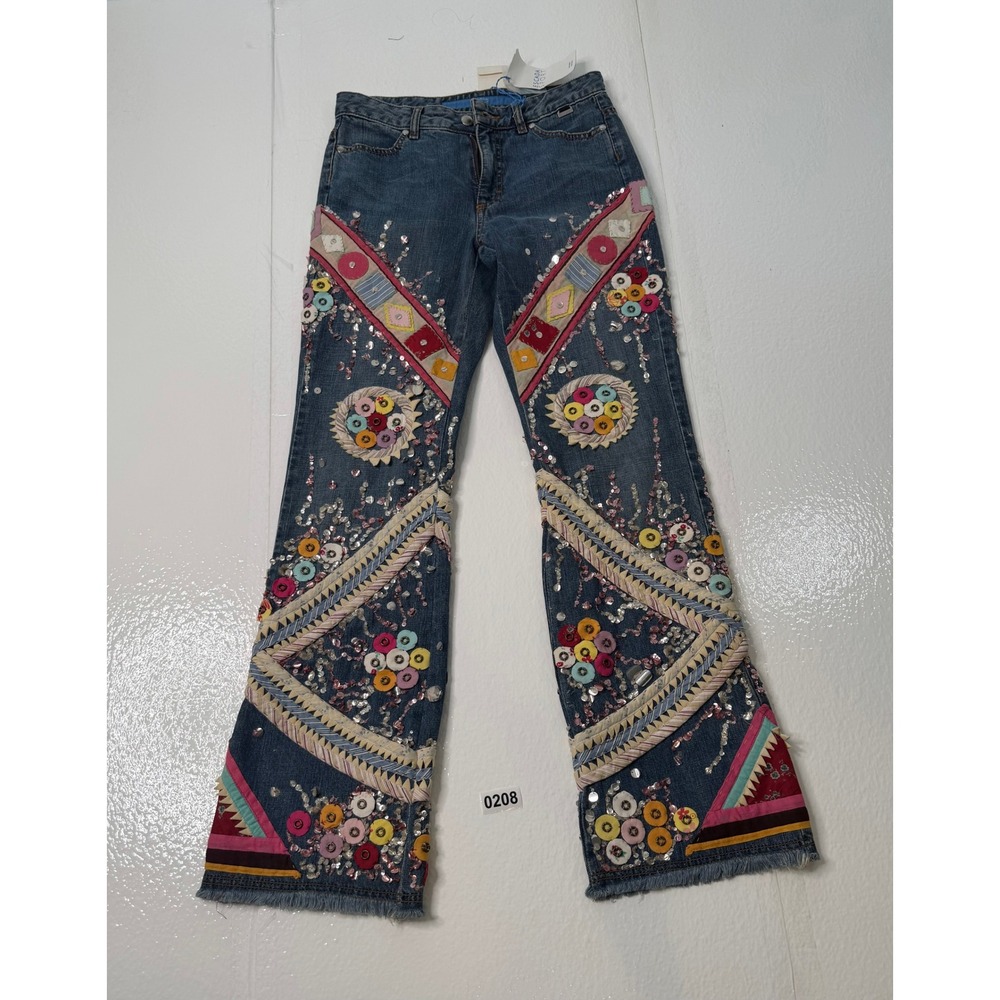 Escada Sport NWT Handmade Embellished Flare Jeans Boho Patchwork Blue Denim 34